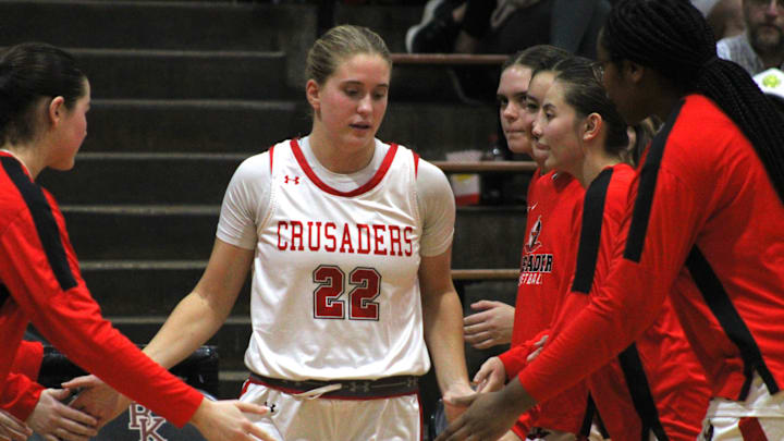 Bishop Kenny guard Kathleen Crawley (22) enters the court for a high school girls basketball game against Bolles on Jan. 16, 2025. [Clayton Freeman/Florida Times-Union]