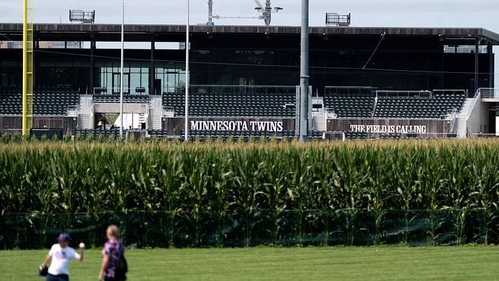 The Minnesota Twins logo is seen on the professional stadium as visitors to the Field of Dreams Movie Site play catch Aug. 7, 2026 in Dyersville, Iowa. The Minnesota Twins logo is seen on the professional stadium as visitors to the Field of Dreams Movie Site play catch Aug. 7, 2026 in Dyersville, Iowa.