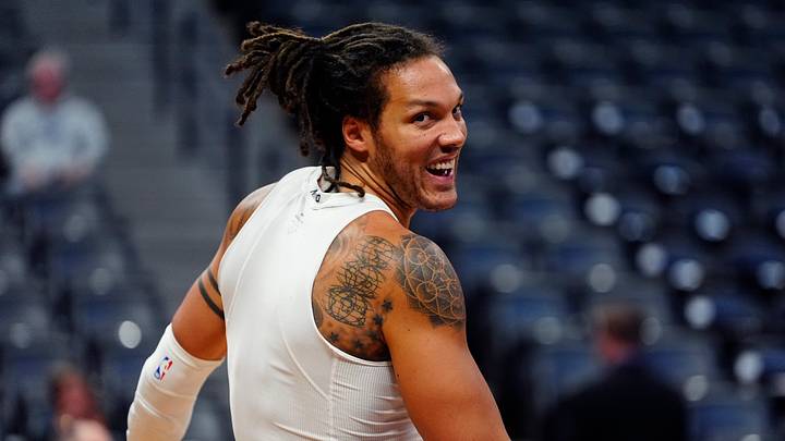 Oct 11, 2026; Denver, Colorado, USA;  Denver Nuggets forward Aaron Gordon (32) reacts before the start of the pre season game against the Chicago Bulls at Ball Arena.  Mandatory Credit: Ron Chenoy-Imagn Images