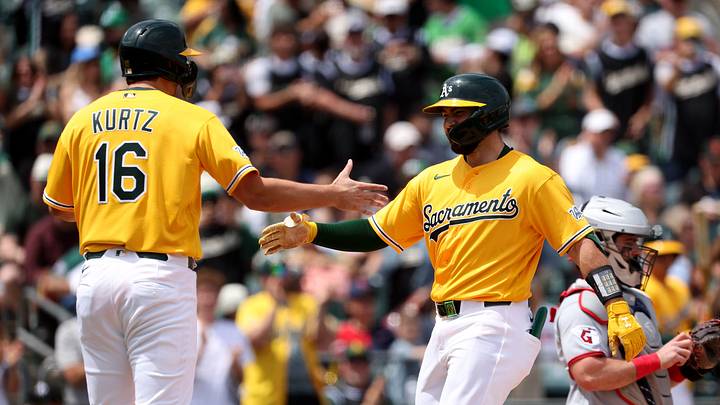 May 2, 2026; West Sacramento, California, USA; Athletics catcher Shea Langeliers (23) high fives first baseman Nick Kurtz (16) after hitting a two-run home run against the Cleveland Guardians during the first inning at Sutter Health Park. Mandatory Credit: Dennis Lee-Imagn Images May 2, 2026; West Sacramento, California, USA; Athletics catcher Shea Langeliers (23) high fives first baseman Nick Kurtz (16) after hitting a two-run home run against the Cleveland Guardians during the first inning at Sutter Health Park. Mandatory Credit: Dennis Lee-Imagn Images