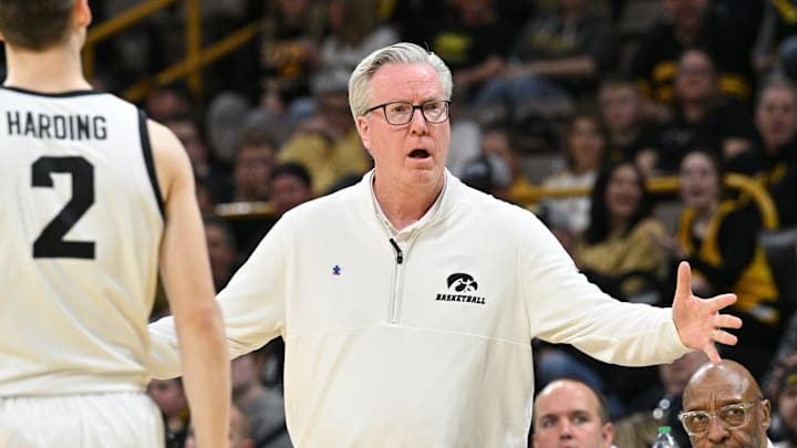 Feb 27, 2024; Iowa City, Iowa, USA; Iowa Hawkeyes head coach Fran McCaffery reacts during the first half against the Penn State Nittany Lions at Carver-Hawkeye Arena. Mandatory Credit: Jeffrey Becker-USA TODAY Sports