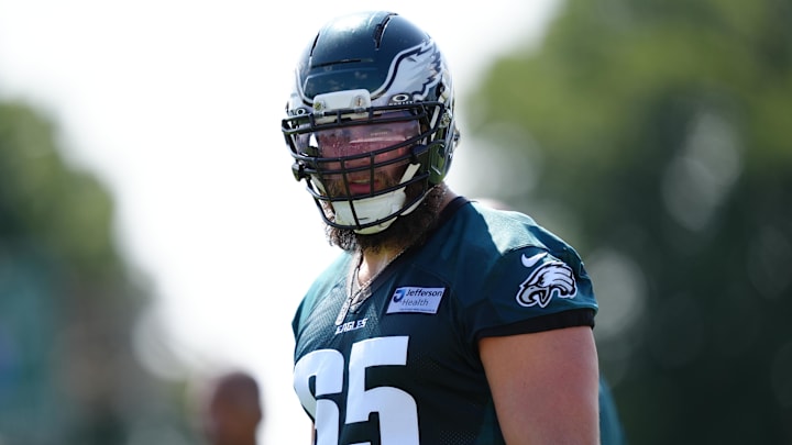 Jul 23, 2025; Philadelphia, PA, USA; Philadelphia Eagles offensive lineman Lane Johnson (65) looks on during training camp at NovaCare Complex. Mandatory Credit: Kyle Ross-Imagn Images