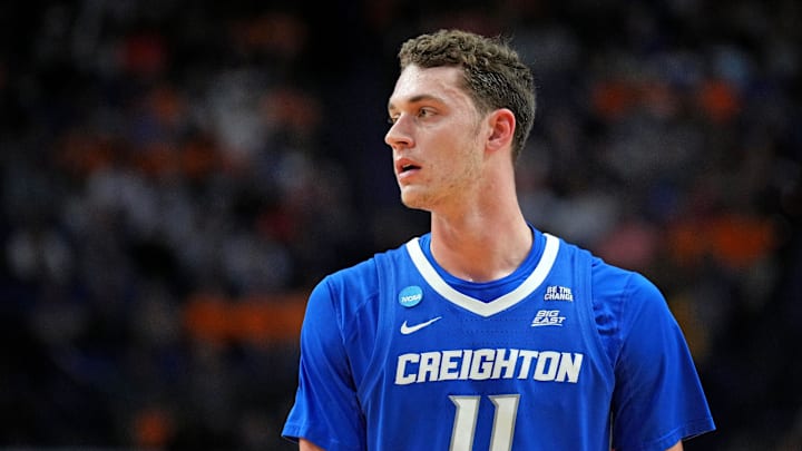 Mar 22, 2025; Lexington, KY, USA;  Creighton Bluejays center Ryan Kalkbrenner (11) looks on during the first half against the Auburn Tigers in the second round to the NCAA Tournament at Rupp Arena. Mandatory Credit: Aaron Doster-Imagn Images