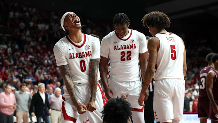 Feb 4, 2026; Tuscaloosa, Alabama, USA; Alabama Crimson Tide guard Labaron Philon (0), forward Aiden Sherrell (22) and forward Amari Allen (5) react to a foul on guard Aden Holloway (2) during the second half against the Texas A&M Aggies at Coleman Coliseum. Mandatory Credit: David Leong-Imagn Images