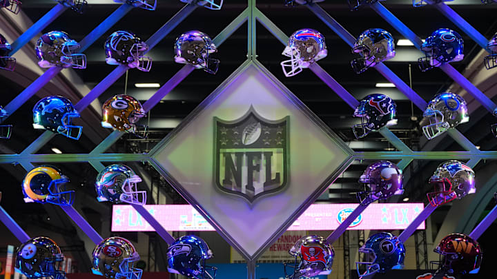 The NFL shield logo at the Super Bowl LX Experience at the Moscone Center.  