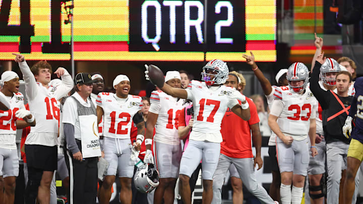 Jan 20, 2025; Atlanta, GA, USA; Ohio State Buckeyes wide receiver Carnell Tate (17) reacts after a play against the Notre Dame Fighting Irish during the first half the CFP National Championship college football game at Mercedes-Benz Stadium. Mandatory Credit: Mark J. Rebilas-Imagn Images