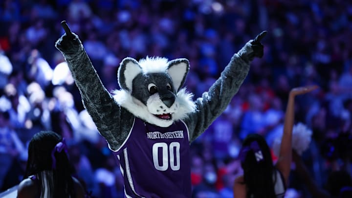 Willie the Wildcat, the Northwestern mascot, the UCLA Bruins, and the Northwestern Wildcats  Mandatory Credit: Kelley L Cox-Imagn Images