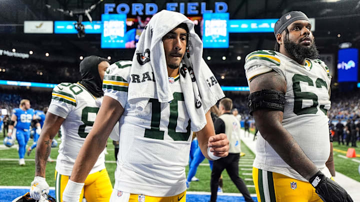 Green Bay Packers quarterback Jordan Love (10) walks off the field after 34-31 loss to Detroit Lions at Ford Field in Detroit on Thursday, Dec. 5, 2024.