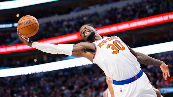 Jan 11, 2024; Dallas, Texas, USA;  New York Knicks forward Julius Randle (30) grabs a rebound during the first half against the Dallas Mavericks at American Airlines Center. Mandatory Credit: Kevin Jairaj-Imagn Images