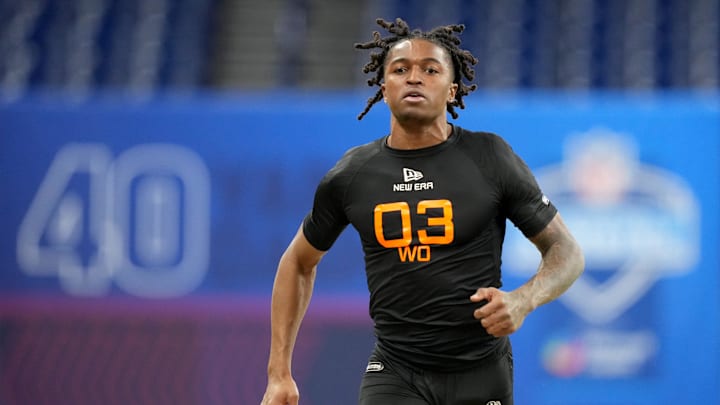 Mar 1, 2025; Indianapolis, IN, USA; Florida wideout Elijah Badger (WO03) during the 2025 NFL Combine at Lucas Oil Stadium. Mandatory Credit: Kirby Lee-Imagn Images