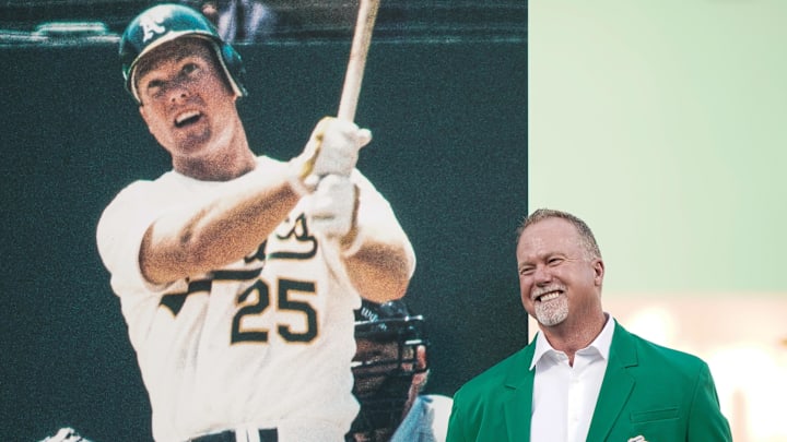 Sep 21, 2019; Oakland, CA, USA; Oakland Athletics former first baseman Mark McGwire smiles after being inducted into the Oakland Athletics Hall of Fame before a game against the Texas Rangers at the Oakland Coliseum. Mandatory Credit: Stan Szeto-Imagn Images Sep 21, 2019; Oakland, CA, USA; Oakland Athletics former first baseman Mark McGwire smiles after being inducted into the Oakland Athletics Hall of Fame before a game against the Texas Rangers at the Oakland Coliseum. Mandatory Credit: Stan Szeto-Imagn Images
