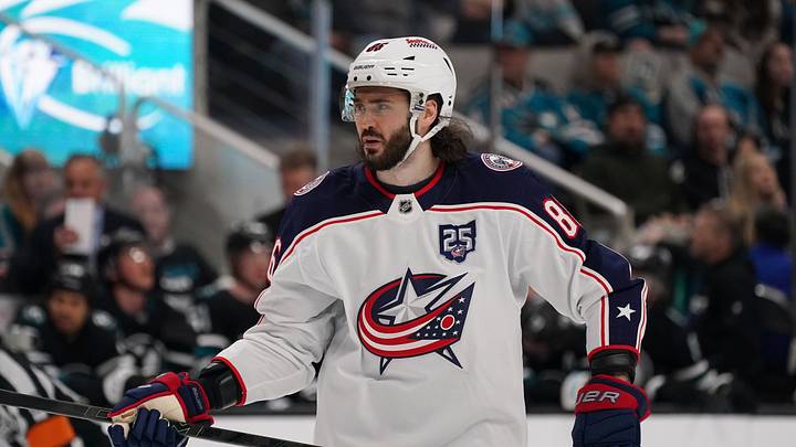 Jan 6, 2026; San Jose, California, USA; Columbus Blue Jackets right winger Kirill Marchenko (86) waits for play to resume against the San Jose Sharks in the first period at SAP Center in San Jose. Mandatory Credit: David Gonzales-Imagn Images