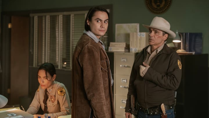 Zahn McClarnon as Joe Leaphorn, Kiowa Gordon as Jim Chee and Jessica Matten as Sgt. Bernadette Manuelito - Dark Winds _ Season 2, Episode 5 - Photo Credit: Michael Moriatis/AMC