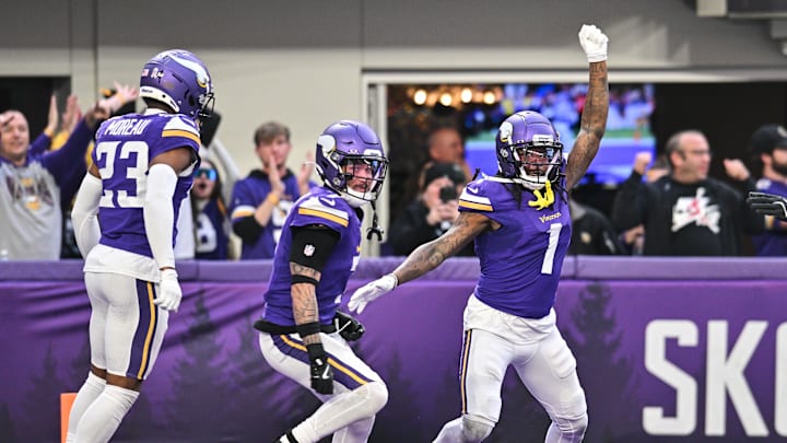Dec 1, 2024; Minneapolis, Minnesota, USA; Minnesota Vikings cornerback Shaquill Griffin (1) and cornerback Byron Murphy Jr. (7) and cornerback Fabian Moreau (23) react after Griffin made an interception late during the fourth quarter against the Arizona Cardinals at U.S. Bank Stadium. Mandatory Credit: Jeffrey Becker-Imagn Images Dec 1, 2024; Minneapolis, Minnesota, USA; Minnesota Vikings cornerback Shaquill Griffin (1) and cornerback Byron Murphy Jr. (7) and cornerback Fabian Moreau (23) react after Griffin made an interception late during the fourth quarter against the Arizona Cardinals at U.S. Bank Stadium. Mandatory Credit: Jeffrey Becker-Imagn Images