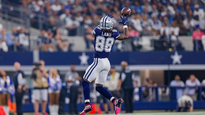 Oct 13, 2024; Arlington, Texas, USA; Dallas Cowboys wide receiver CeeDee Lamb (88) makes a reception during the third quarter against the Detroit Lions at AT&T Stadium. Mandatory Credit: Andrew Dieb-Imagn Images