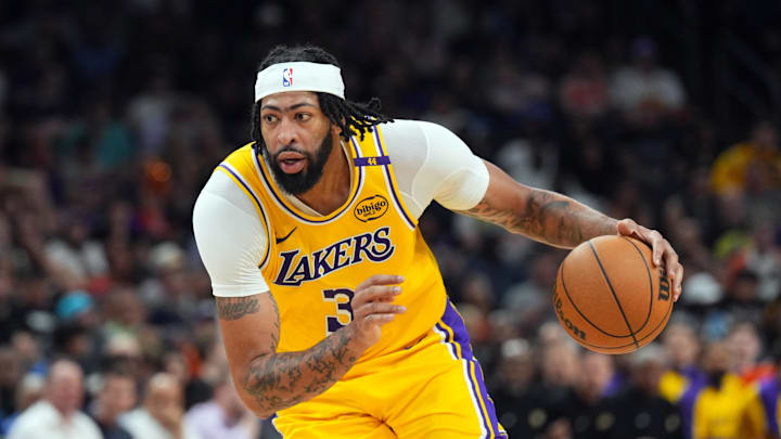 Oct 17, 2024; Phoenix, Arizona, USA; Los Angeles Lakers forward Anthony Davis (3) dribbles against the Phoenix Suns during the second half at Footprint Center. Mandatory Credit: Joe Camporeale-Imagn Images