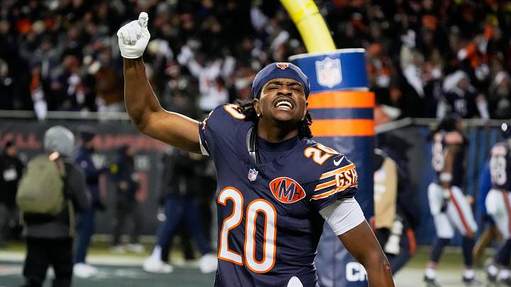 Dec 20, 2025; Chicago, Illinois, USA; Chicago Bears wide receiver Jahdae Walker (20) celebrates after Chicago defeated the Green Bay Packers in overtime at Soldier Field. Mandatory Credit: David Banks-Imagn Images