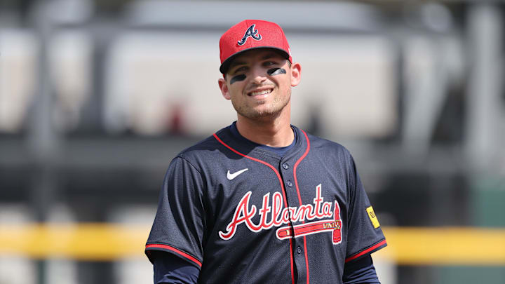 Mar 1, 2025; North Port, Florida, USA;  AAtlanta Braves third base Austin Riley (27) smiles against the Toronto Blue Jays ]during the fourth inning  at CoolToday Park. Mandatory Credit: Kim Klement Neitzel-Imagn Images
