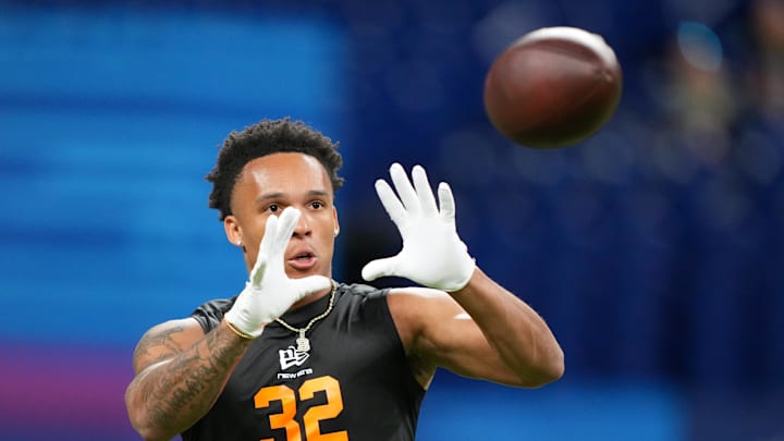 Feb 28, 2026; Indianapolis, IN, USA; Georgia Tech wideout Eric Rivers (WO32) during the NFL Scouting Combine at Lucas Oil Stadium. Mandatory Credit: Kirby Lee-Imagn Images