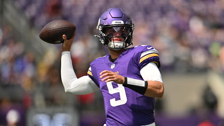 Aug 10, 2024; Minneapolis, Minnesota, USA; Minnesota Vikings quarterback J.J. McCarthy (9) warms up before the game against the Las Vegas Raiders at U.S. Bank Stadium. Mandatory Credit: Jeffrey Becker-Imagn Images