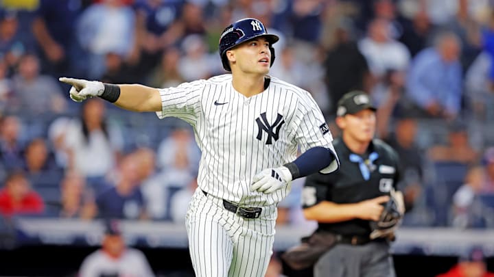 Sep 30, 2025; Bronx, New York, USA; New York Yankees shortstop Anthony Volpe (11) hits a solo home run during the first inning against the Boston Red Sox during game one of the Wildcard round for the 2025 MLB playoffs at Yankee Stadium. Mandatory Credit: Brad Penner-Imagn Images Sep 30, 2025; Bronx, New York, USA; New York Yankees shortstop Anthony Volpe (11) hits a solo home run during the first inning against the Boston Red Sox during game one of the Wildcard round for the 2025 MLB playoffs at Yankee Stadium. Mandatory Credit: Brad Penner-Imagn Images