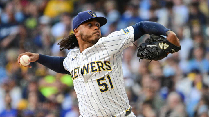 Aug 23, 2025; Milwaukee, Wisconsin, USA;  Milwaukee Brewers starting pitcher Freddy Peralta (51) throws a pitch in the first inning against the San Francisco Giants at American Family Field. Mandatory Credit: Benny Sieu-Imagn Images