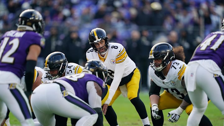 Dec 7, 2025; Baltimore, Maryland, USA; Pittsburgh Steelers quarterback Aaron Rodgers (8) calls a play against the Baltimore Ravens during the second half at M&T Bank Stadium. Mandatory Credit: Mitch Stringer-Imagn Images