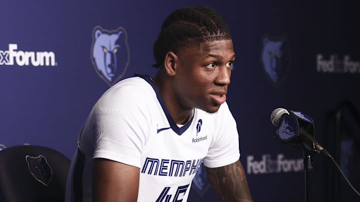 Sep 29, 2025; Memphis, TN, USA; Memphis Grizzlies forward GG Jackson II speaks to media during a press conference on media day at FedEx Forum.  Mandatory Credit: Petre Thomas-Imagn Images Mandatory Credit: Petre Thomas-Imagn Images