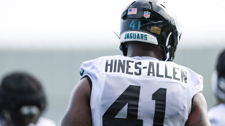 Jul 26, 2024; Jacksonville, FL, USA; Jacksonville Jaguars linebacker Josh Hines-Allen (41) participates in training camp at Miller Electric Center. Mandatory Credit: Nathan Ray Seebeck-USA TODAY Sports Jul 26, 2024; Jacksonville, FL, USA; Jacksonville Jaguars linebacker Josh Hines-Allen (41) participates in training camp at Miller Electric Center. Mandatory Credit: Nathan Ray Seebeck-USA TODAY Sports