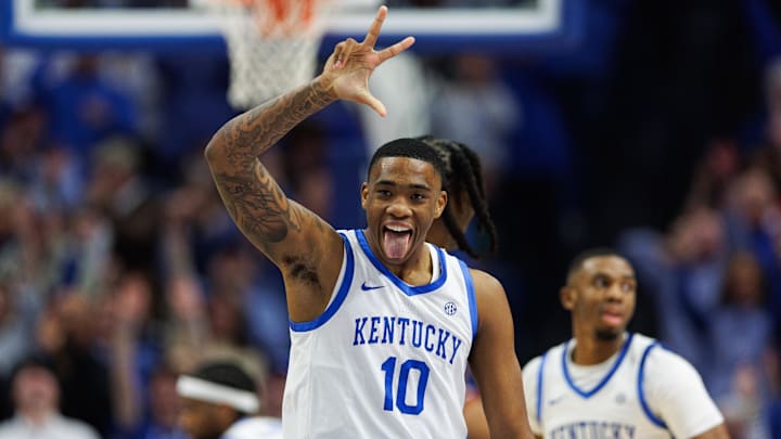 Jan 18, 2025; Lexington, Kentucky, USA; Kentucky Wildcats forward Brandon Garrison (10) celebrates after making a three point basket during the first half against the Alabama Crimson Tide at Rupp Arena at Central Bank Center. Mandatory Credit: Jordan Prather-Imagn Images
