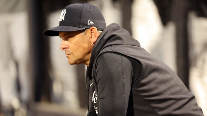 Feb 29, 2024; Tampa, Florida, USA;New York Yankees manager Aaron Boone (17) looks on against the