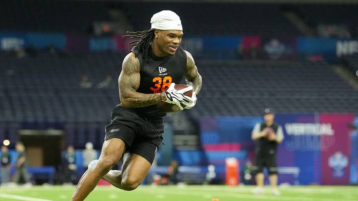 Feb 28, 2026; Indianapolis, IN, USA; LSU wideout Zavion Thomas (WO38) during the NFL Scouting Combine at Lucas Oil Stadium. Mandatory Credit: Kirby Lee-Imagn Images