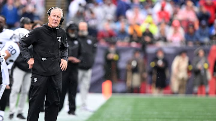 Sep 7, 2025; Foxborough, Massachusetts, USA; Las Vegas Raiders head coach Pete Carroll  during the first half at Gillette Stadium. Mandatory Credit: Brian Fluharty-Imagn Images