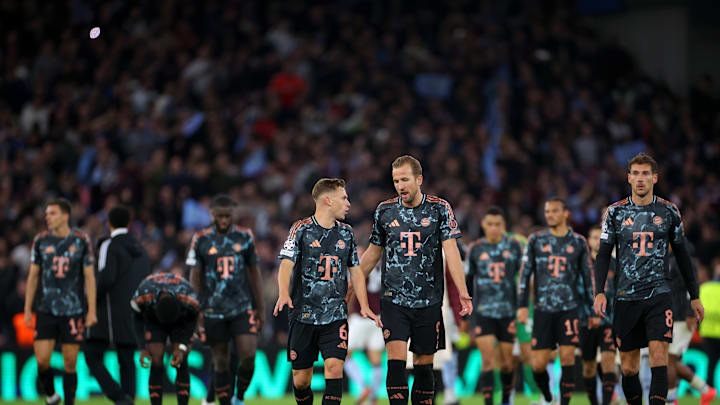 Dejected looking Bayern Munich players after the defeat at Aston Villa 