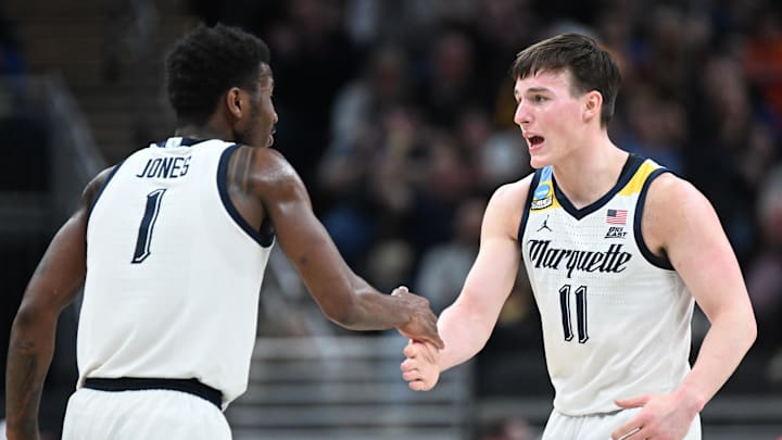 Mar 22, 2024; Indianapolis, IN, USA; Marquette Golden Eagles guard Tyler Kolek (11) and guard Kam