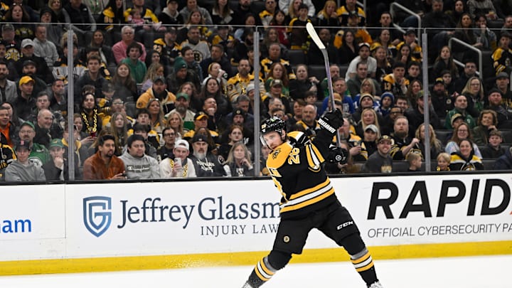Mar 15, 2025; Boston, Massachusetts, USA; Boston Bruins center Elias Lindholm (28) shoots against the Tampa Bay Lightning during the first period at TD Garden. Mandatory Credit: Eric Canha-Imagn Images