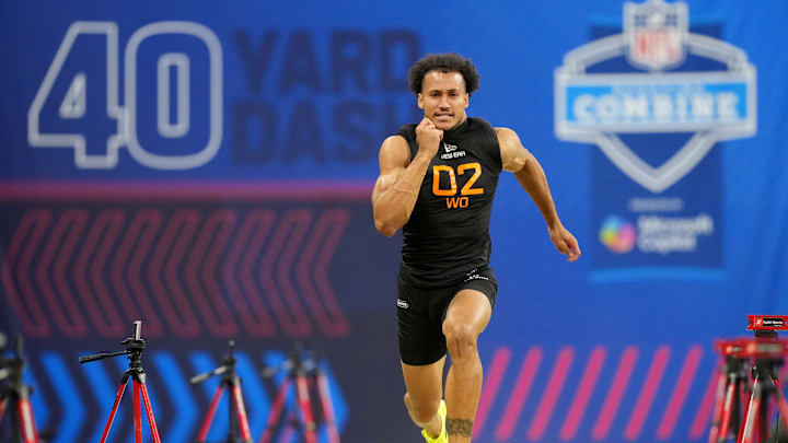 Stanford wideout Elic Ayomanor during the NFL Combine at Lucas Oil Stadium. Mandatory Credit: Kirby Lee-Imagn Images