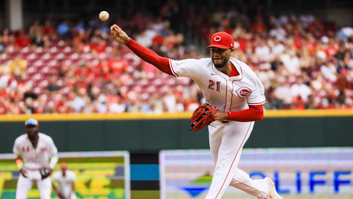 Sep 22, 2024; Cincinnati, Ohio, USA; Cincinnati Reds starting pitcher Hunter Greene (21) pitches against the Pittsburgh Pirates in the second inning at Great American Ball Park. Mandatory Credit: Katie Stratman-Imagn Images