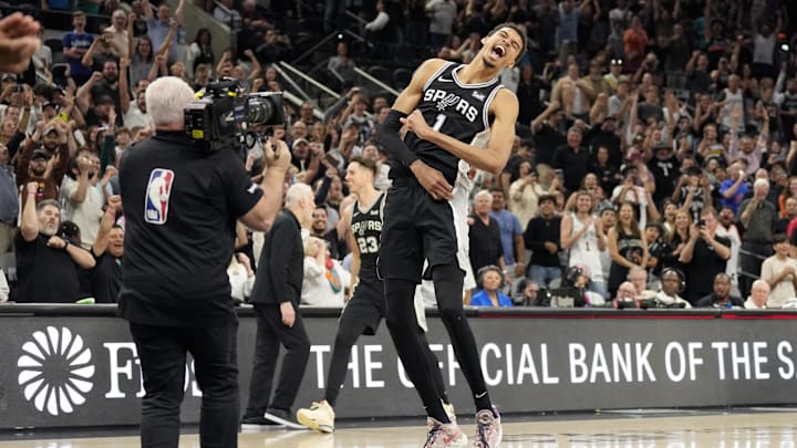 Apr 12, 2024; San Antonio, Texas, USA; San Antonio Spurs forward Victor Wembanyama (1) reacts after