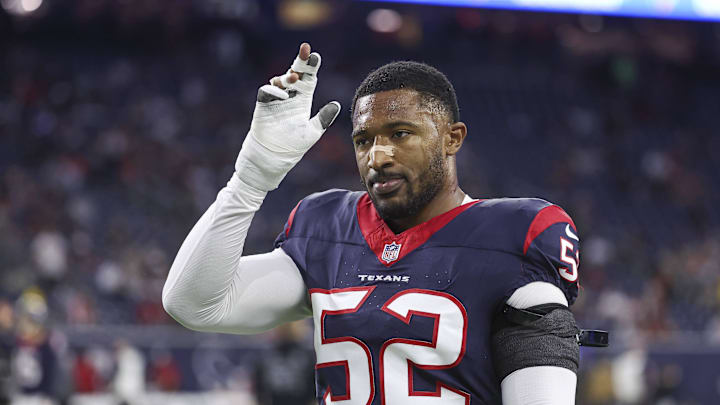 Dec 24, 2023; Houston, Texas, USA; Houston Texans defensive end Jonathan Greenard (52) walks off the field before the game against the Cleveland Browns at NRG Stadium. Mandatory Credit: Troy Taormina-Imagn Images