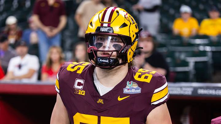 Dec 26, 2025; Phoenix, AZ, USA; Minnesota Golden Gophers offensive lineman Greg Johnson (65) against the New Mexico Lobos during the Rate Bowl at Chase Field. Mandatory Credit: Mark J. Rebilas-Imagn Images Dec 26, 2025; Phoenix, AZ, USA; Minnesota Golden Gophers offensive lineman Greg Johnson (65) against the New Mexico Lobos during the Rate Bowl at Chase Field. Mandatory Credit: Mark J. Rebilas-Imagn Images