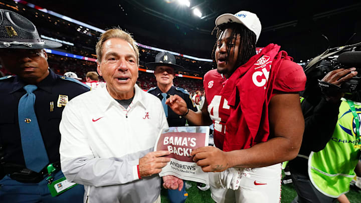 Dec 2, 2023; Atlanta, GA, USA;  Alabama Crimson Tide head coach Nick Saban celebrates with defensive
