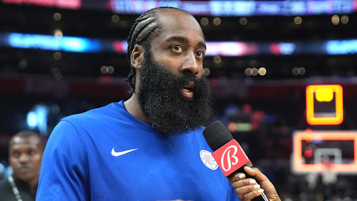 LA Clippers guard James Harden after the game against the Sacramento Kings at Crypto.com Arena. LA Clippers guard James Harden after the game against the Sacramento Kings at Crypto.com Arena.