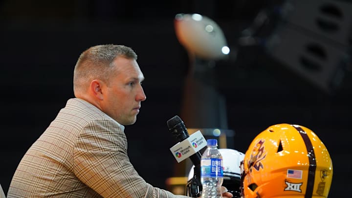 Jul 8, 2025; Frisco, TX, USA; Arizona State head coach Kenny Dillingham addresses the media during 2025 Big 12 Football Media Days at The Star. Mandatory Credit: Raymond Carlin III-Imagn Images Jul 8, 2025; Frisco, TX, USA; Arizona State head coach Kenny Dillingham addresses the media during 2025 Big 12 Football Media Days at The Star. Mandatory Credit: Raymond Carlin III-Imagn Images