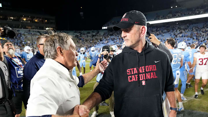 Nov 8, 2025; Chapel Hill, North Carolina, USA; North Carolina Tar Heels head coach Bill Belichick with Stanford Cardinal head coach Frank Reich after the game at Kenan Stadium. Mandatory Credit: Bob Donnan-Imagn Images