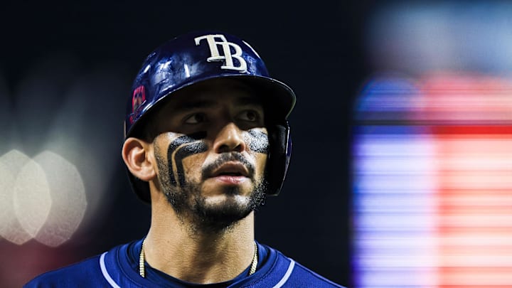 Jul 26, 2025; Cincinnati, Ohio, USA; Tampa Bay Rays second baseman Jose Caballero (77) walks off the field in the ninth inning against the Cincinnati Reds at Great American Ball Park. Mandatory Credit: Katie Stratman-Imagn Images