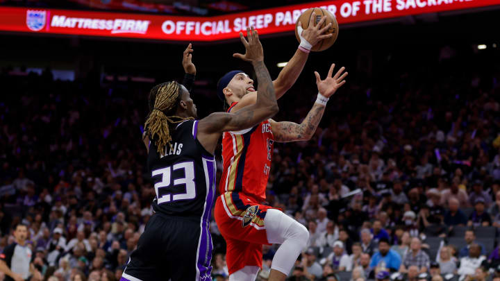 Apr 2, 2024; Sacramento, California, USA; New Orleans Pelicans guard Jose Alvarado (15) drives to