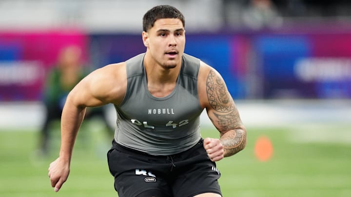 Feb 29, 2024; Indianapolis, IN, USA; UCLA defensive lineman Laiatu Latu (DL42).