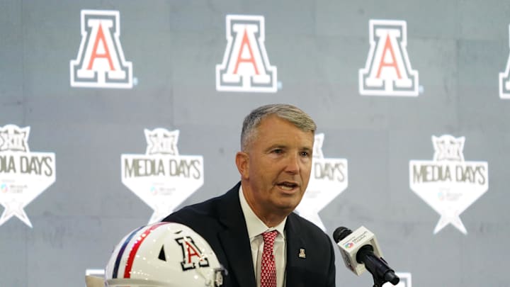 Jul 9, 2025; Frisco, TX, USA; Arizona head coach Brent Brennan speaks with the media during 2025 Big 12 Football Media Days at The Star. Mandatory Credit: Raymond Carlin III-Imagn Images