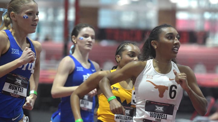 Texas' Olivia Howell competes in the 800 meters during the Big 12 indoor track and field meet, Friday, Feb. 23, 2024, at the Sports Performance Center.